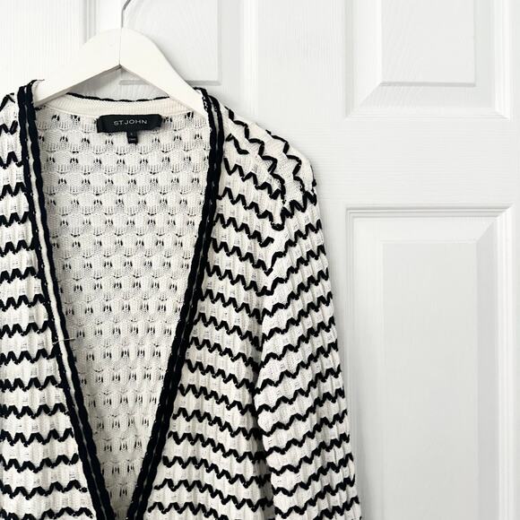 St. John Black White Open Knit Swirl Textured Hook Closure Long Cardigan Large - Picture 4 of 12